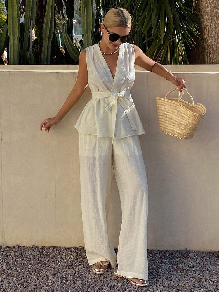 Women's V-Neck Sleeveless Cinched Waist Crop Top And Wide Leg Pants Vacation Casual Suit Summer