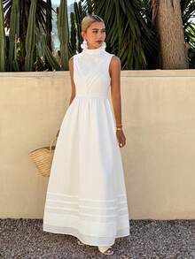 Livesso Holiday Outfit White Sleeveless Mock Neck Cinched Waist Midi Dress For Women, Summer Sundress - White - View 5
