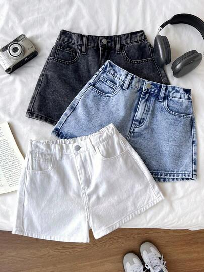 3件套女童修身牛仔短裤，白色、蓝色、灰色