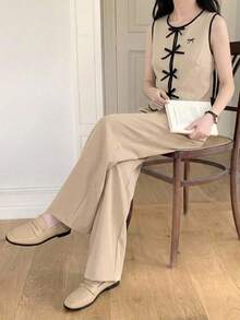 Teen Girl Casual Elegant Commute Street Fashion Woven Contrast Binding Bow Embroidered Button Front Sleeveless Vest Top And Straight Leg Pants Set - Khaki - View 9