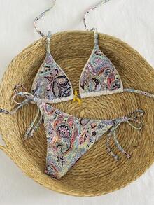Breezaya Bộ bikini tam giác 2 mảnh hai mặt phong cách Boho thanh lịch mới về dành cho nữ, màu trắng kem chấm bi, họa tiết Paisley nhiều màu sắc tinh tế kết hợp với họa tiết hoa xoáy, nền vàng nhạt, lý tưởng cho kỳ nghỉ hè trên bãi biển. - Nhiều màu - Xem 2