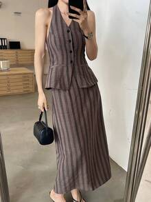 DAZY 女士夏季休闲通勤条纹露背吊带上衣和半身裙两件套 - 藍色 - 查看 7