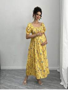 Momance Maternity Floral Print Square Neck Puff Sleeve Dress For Vacation - Yellow - View 5