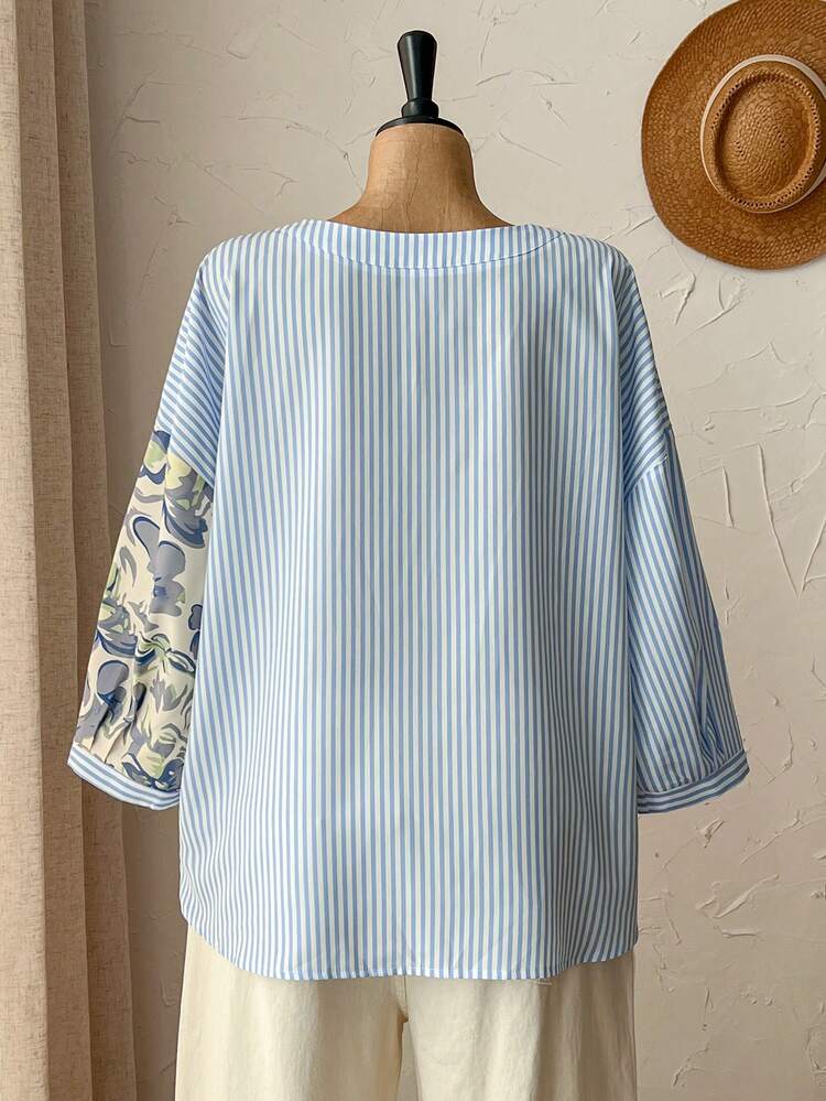 Plus Size Casual Striped Patchwork Floral Print Shirt Summer Tops Summer Outfits Summer Clothes  Spring  Spring Outfit Women Spring Clothes Country Style For Women