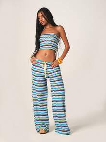 MISSGUIDED Women's Zig Zag Print Strapless Bandeau Top And Wide Leg Pants Two Piece Matching Co Ord Set Summer Vacation Resort Wear Outfit - Multicolor - View 5