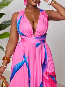 Maweii 大码女式热带印花荷叶边连衣裙 - 粉色 - 查看 6