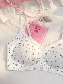 PetitDoll Sujetador sin costuras con relleno extraíble y adorno de encaje con estampado floral delicado - Blanco - Ver 8