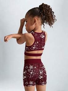 Conjunto infantil feminino com top sem mangas e shorts com estampa tie-dye/estrelas, ideal para férias, esportes, atividades ao ar livre e todas as estações. - Borgonha - Ver 2