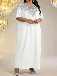 SHEIN Lady Đầm nữ cỡ lớn phối lưới, cổ tròn, tay cánh dơi, dáng rộng. - trắng - Xem 5