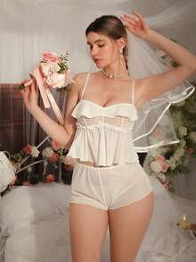 DelicateAllure 女士纯色荷叶边吊带背心和短裤睡衣套装 - 白色 - 查看 5