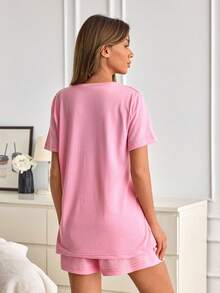 SHEIN Cotton Women 2 Pcs Pink Contrasy Colour Sleep Lettered Pattern Detail Top& Elastic Waist Solid Shorts Homewear Casual Pajama Sleep Lounge Set Loungewear Sleepwear Women Pajama Sets Short Cute Sleep Wear - Pink - View 2