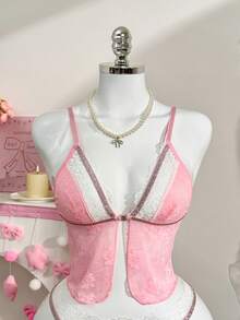 PetitDoll 2pcs Valentine's Day Floral Lace Patchwork Comfortable Lingerie Set - Pink - View 7