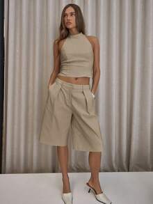 MUSERA Quần short dài dáng suông xếp ly, thanh lịch, gợi cảm, thích hợp cho các buổi tiệc tối, mùa hè, thường ngày hoặc đi nghỉ mát. - Màu be - Xem 5