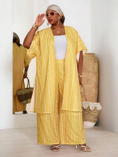 EMERY ROSE Plus Size Women Geometric Print Short Sleeve Robe And Wide Leg Pants Loose 2 Pieces Set