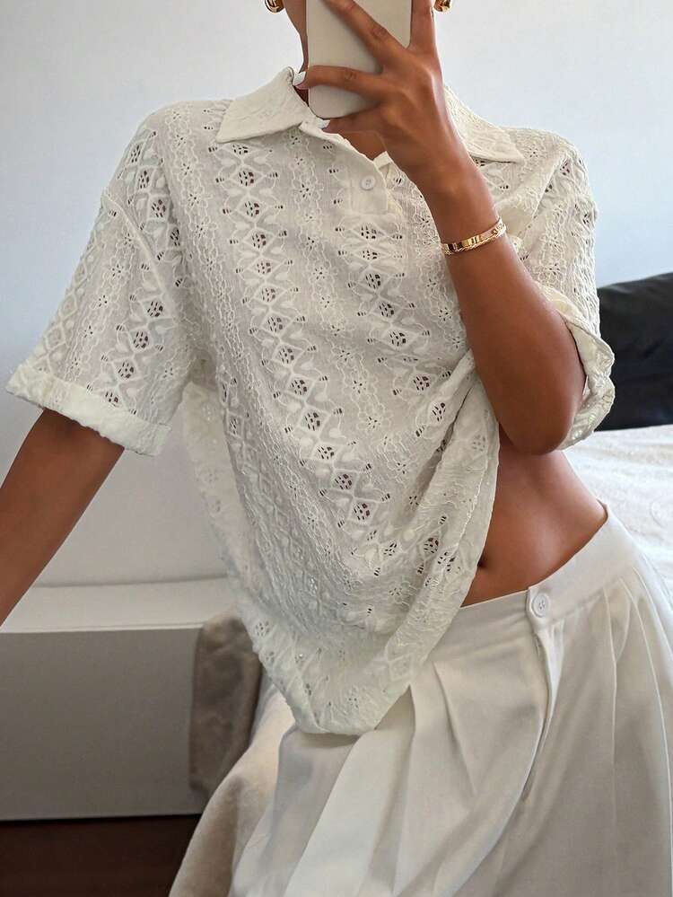 Women's Lace Textured Loose Casual Polo Collar Short Sleeve Top