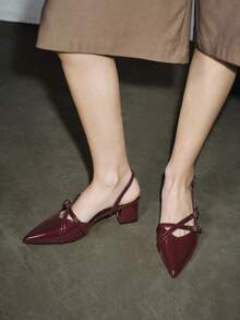 女士酒红色漆皮尖头搭扣粗跟礼服高跟鞋，优雅尖头正式高跟鞋，时尚露跟高跟鞋，情人节礼物 - 酒紅色 - 查看 2