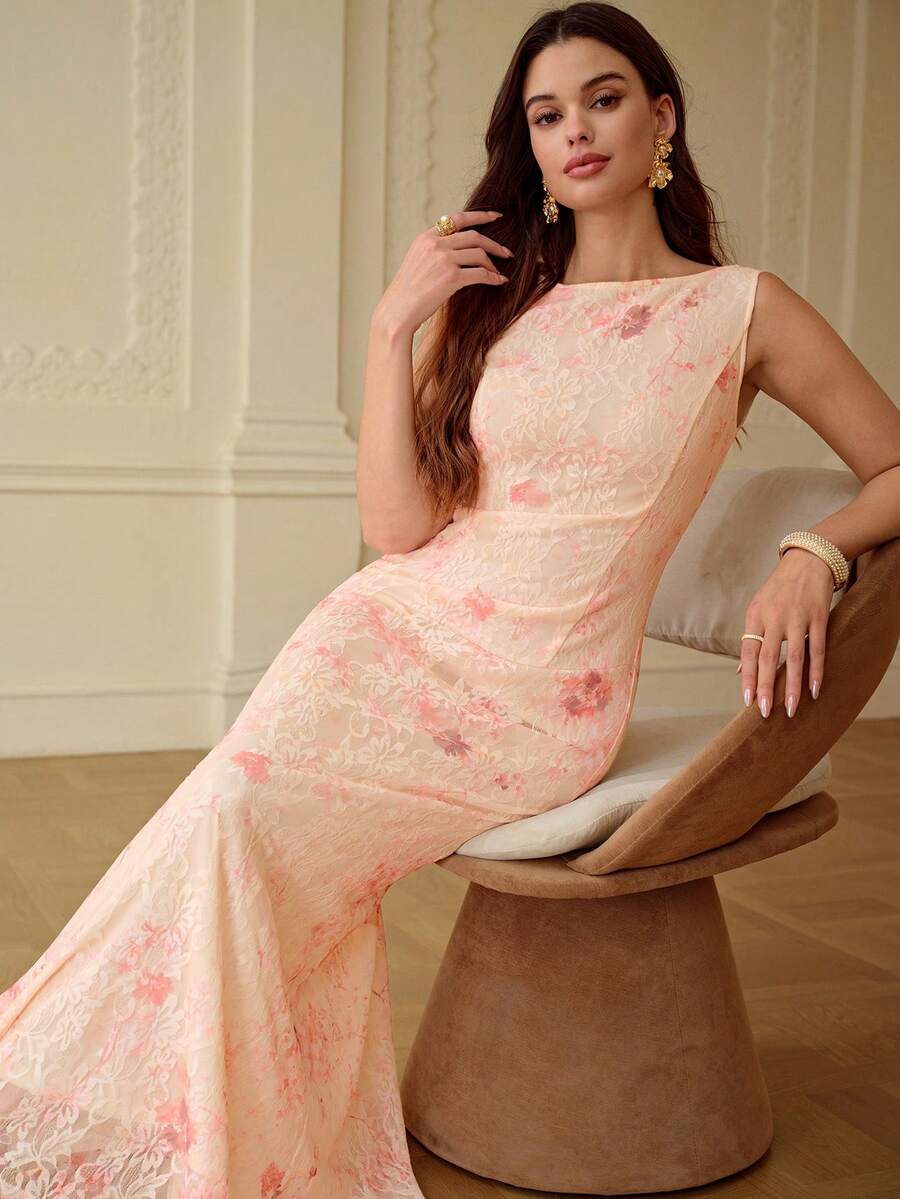 ZEYLAH Đầm đuôi cá in ren, thích hợp cho mùa xuân/hè. - Màu be - Xem 1