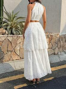 女士休闲优雅白色露肩吊带背心+双层刺绣飘逸长款中长裙，两件套波西米亚度假风套装，夏季套装，适合情人节/休闲度假/通勤穿着 - 白色 - 查看 2