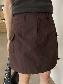 DAZY Women's Solid Color Utility Pocket Casual Short Skirt - Coffee Brown - View 3