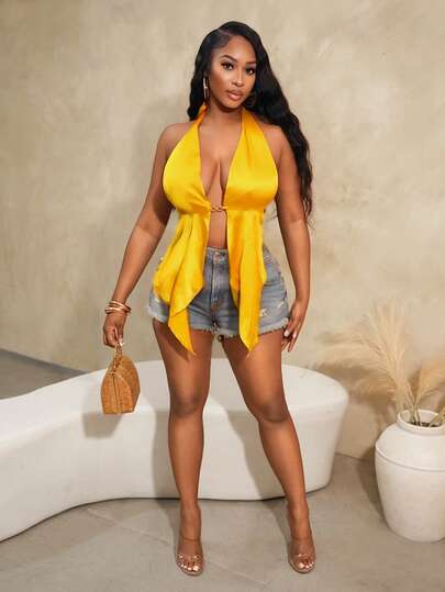 SHEIN BamGlam Women's Solid Yellow Sexy Vacation Camisole