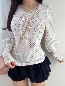 FRIFUL Women's Casual Dot Print Ruched Bust Twist Lantern Sleeve Contrast Lace Fitted T-Shirt, Suitable For Spring, Summer And Autumn, Commuting And Vacation - White - View 6