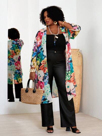 EMERY ROSE Chaqueta casual de vacaciones con estampado floral de talla grande