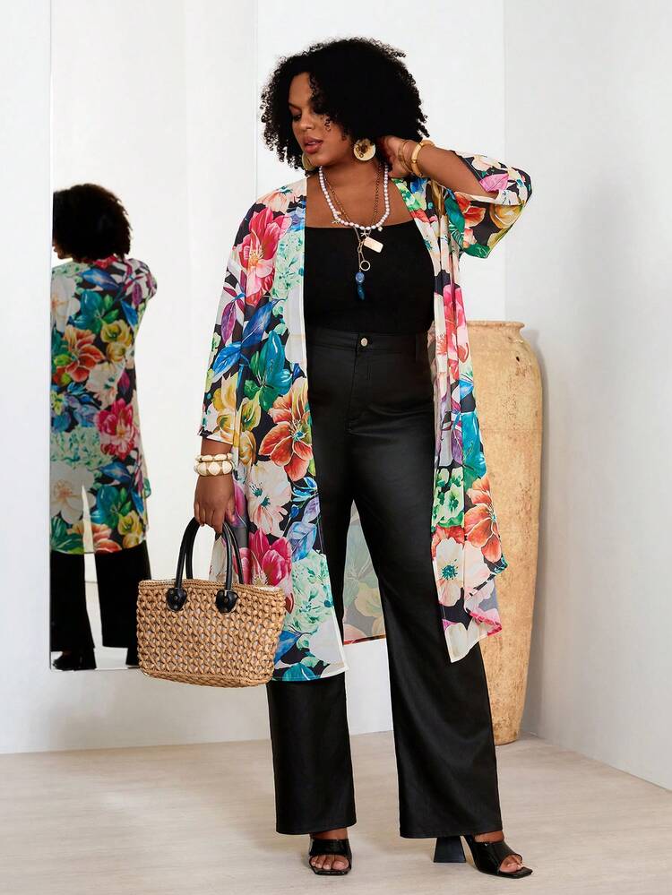 Plus Size Floral Print Casual Vacation Jacket Women S Holiday Outfits Outer Wear For Summer Women Outfits For Women Plus Summer Outfits For Women  Beach Outfit For Women  Casual  Vacation Outfits Women Country Concert Outfit Peplum