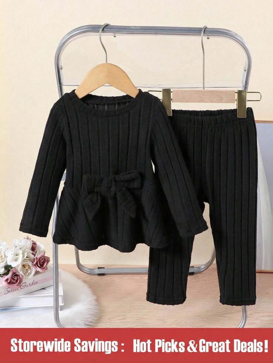 女婴纹理纯色长袖上衣和裤子套装 - 黑色 - 查看 1