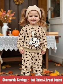 2pcs/Set Baby Girl Cute Rabbit & Leopard Print Casual Crew Neck Long Sleeve Sweatshirt And Pants Set, Suitable For Autumn/Winter - Multicolor - View 1