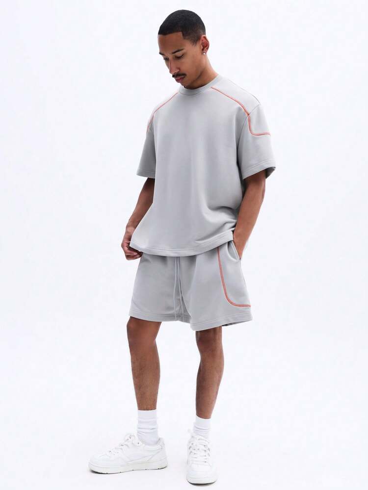 Men's Smart Polo Co-Ord Set Light Grey Crew Neck Short Sleeve Top With Matching Drawstring Shorts Orange Contrast Stitching Details
