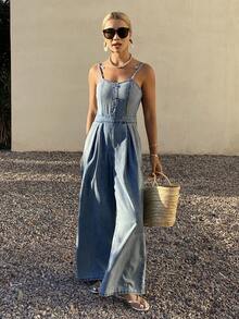 DAZY Women's Casual Washed Denim Jumpsuit With Wide Leg, Summer - Medium Wash - View 7