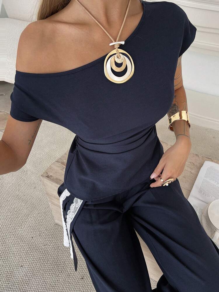 Women's Summer Casual Asymmetric Shoulder Ruched Top With Lace Belt And Wide Leg Pants 2 Pieces Set