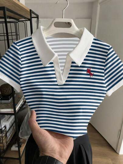 Camisa polo a rayas para mujeres y adolescentes, estampada, de ajuste ceñido, adecuada para salidas casuales, cómoda para uso diario, versátil, con bloques de color blanco y azul, clásica, adecuada para primavera, verano, otoño e invierno, Polo de Los Ángeles, adecuada para niñas en todas las estaciones