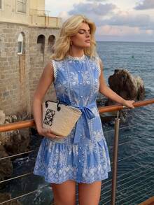 Dripcurv Plus-Size Women's Summer Blue Floral Print Dress, Spring Outfit, Lace Dress, Bow Tie, Blue Dress, Holiday Outfit, Beach Dress Dresses For Women Picnic Dresses For Women Santorini Outfit For Women Amalfi Coast Dress Resort Dresses For Women - Blue and White - View 2