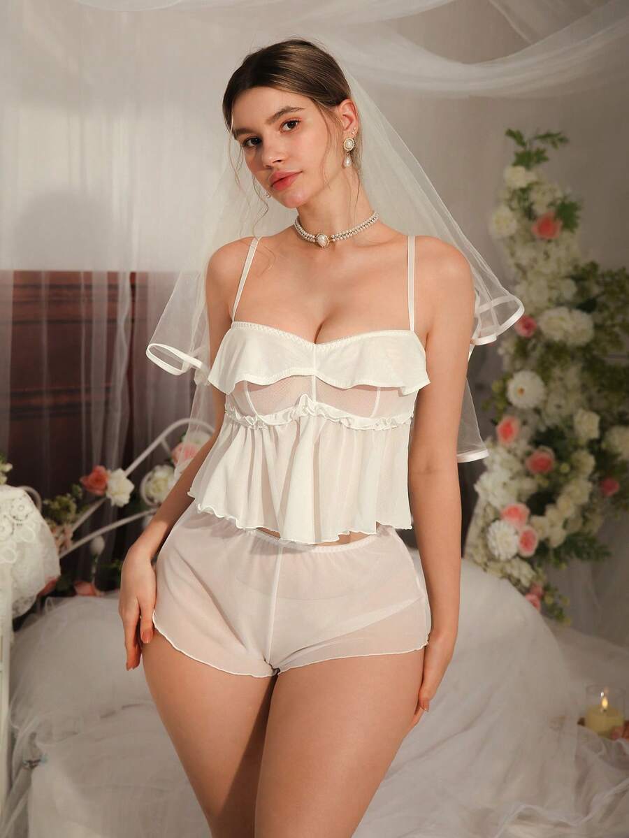 DelicateAllure Bộ đồ ngủ nữ màu trơn, gồm áo hai dây và quần short có viền bèo nhún. - trắng - Xem 1