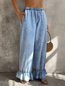 Sunnyshic Quần jeans nữ cạp chun xếp ly, kiểu dáng thường ngày, đa năng. - Màu xanh lam - Xem 6