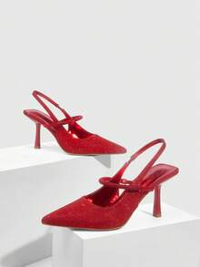 CUCCOO SZL Women's Pointed Toe Glitter Rhinestone Elastic Band Fashionable Elegant Pumps High Heels - Red - View 2