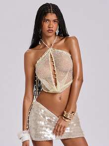 ROMWE Avant 女士度假风珍珠网纱透视深V领无袖上衣 - 米色 - 查看 4