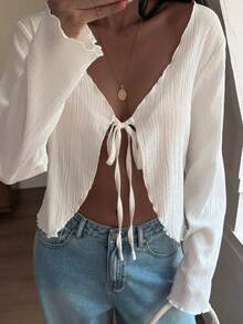 DAZY 女士V领长袖纹理面料开襟系带优雅衬衫 - 白色 - 查看 5