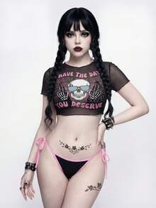 ROMWE Women's Casual Vacation Beach Party Sexy Bohemian Bow Halter Thong Bikini Cover Up 3-Piece Beach Outfit, Summer Goth Top Punk Tops Edgy Clothes Woman Emo Tops - Multicolor - View 3