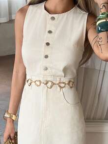 DAZY Women's Casual Washed Denim Round Neck Sleeveless Denim Dress, Summer Maxi Dress - Beige - View 8