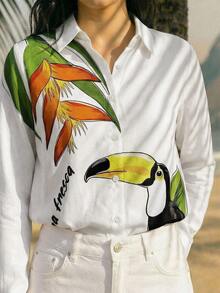 CAJUNI 女士夏季度假沙滩热带植物印花纽扣衬衫 - 米色 - 查看 5
