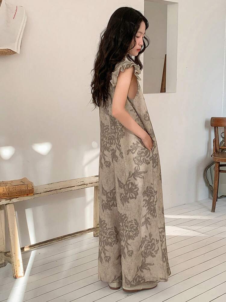 Tween Girl Floral Print Round Neck Cap Sleeve Wide Leg Jumpsuit