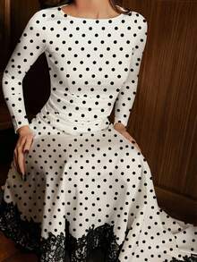 NOVVYNE Women's Round Neck Pleated Waist Black Lace Patchwork Elegant Romantic Minimalist Midi Dress - Black and White - View 3