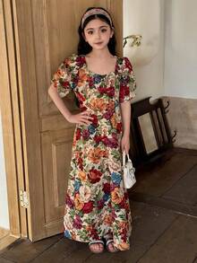 DAZY Tween Girl Floral Jacquard Petal Sleeve Mini Dress - Red - View 3