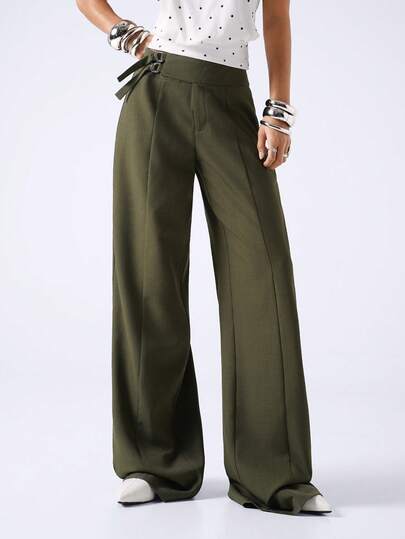 LYSMO 2026 New Arrive Minimalism Spring/Summer Women's Solid Color Side Buckle Design Wide Leg Casual Pants/Summer/ Summer Outfits/Summer Clothes/Summer Outfits For Women /Summer Outfit For Women/Pring/Spring Outfit /Spring Clothing/Spring Outfit Women /Festival/Festival Outfits For Women/Beach Outfit /Beach Outfits For Women / Summer Holiday Outfits/Holiday Outfits /Holiday Outfits For Women/Sweatpants / Work Outfits For Women/Y2K/ Office Outfits For Women /Work Wear Women /Office Wear For Women/Business Professional Women /Office Wear Women /Office Attire For Women/Green Pants