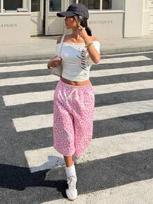 Muchica 女士豹纹抽绳腰带口袋休闲百搭日常穿搭阔腿短裤 - 粉色 - 查看 5