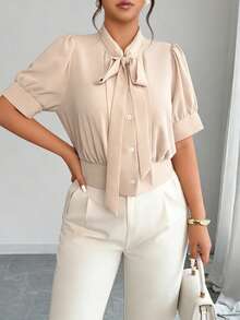 Elenzga Plus-Size Women's Tie-Waist Elegant Blouse For Spring And Summer, Suitable For Women's Office Wear. - Apricot - View 3