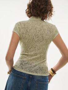 Poéselle Women's Mandarin Collar Raglan Sleeve Fitted Summer Elegant T-Shirt - Olive Green - View 8