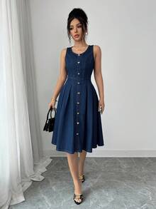 Elenzga Women's Denim Sleeveless Dress - Dark Wash - View 3